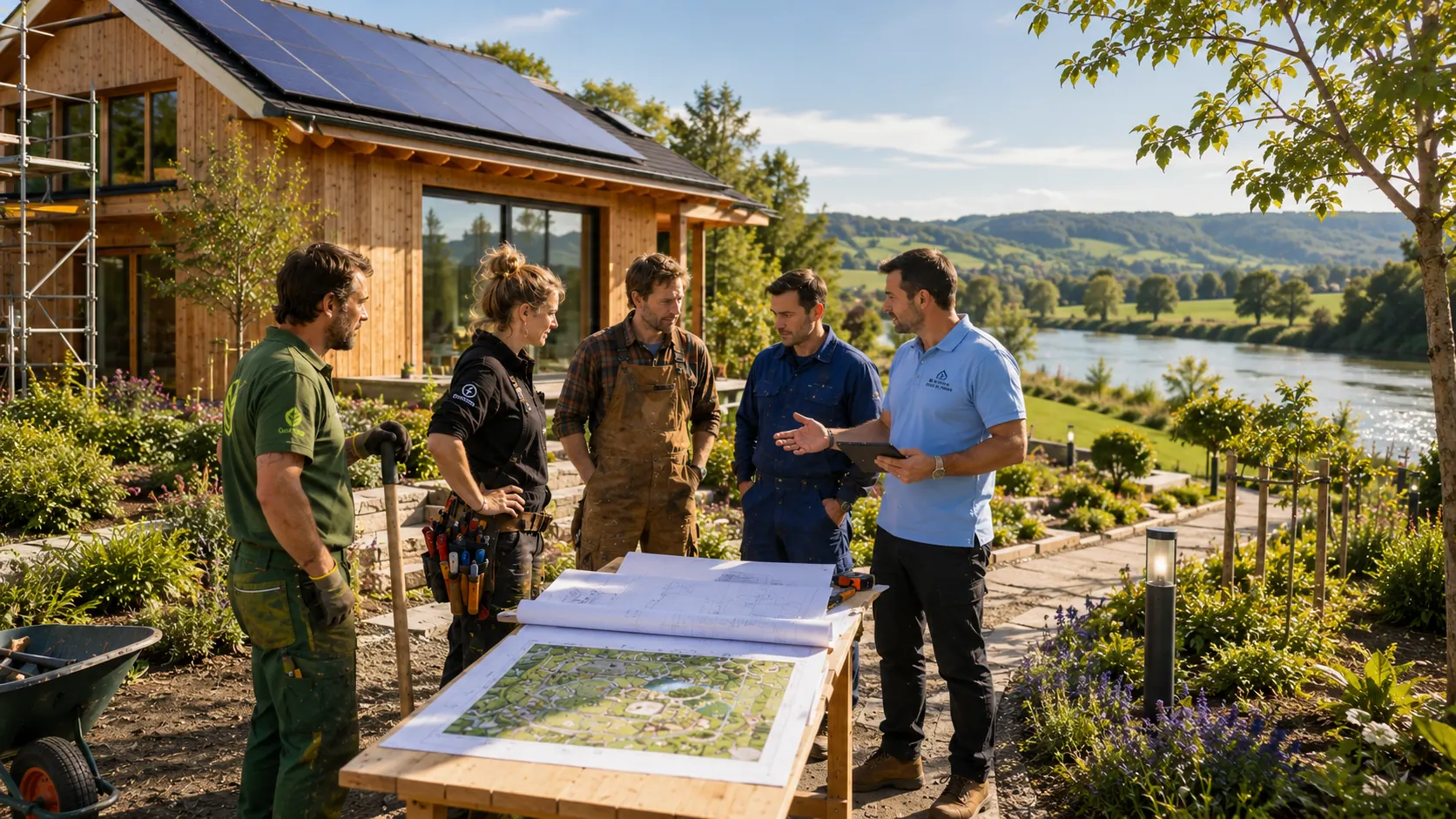 Besprechung vor Rohbau – Gärtner, Elektriker, Schreiner, Sanitär und Smart am Rhein Berater