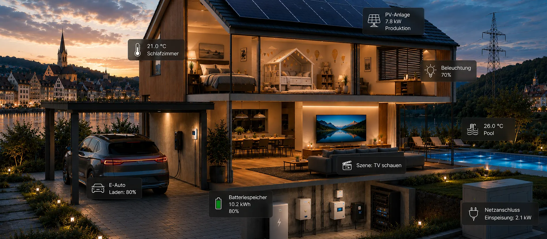 Modernes Einfamilienhaus mit smarter Beleuchtung – Smart am Rhein